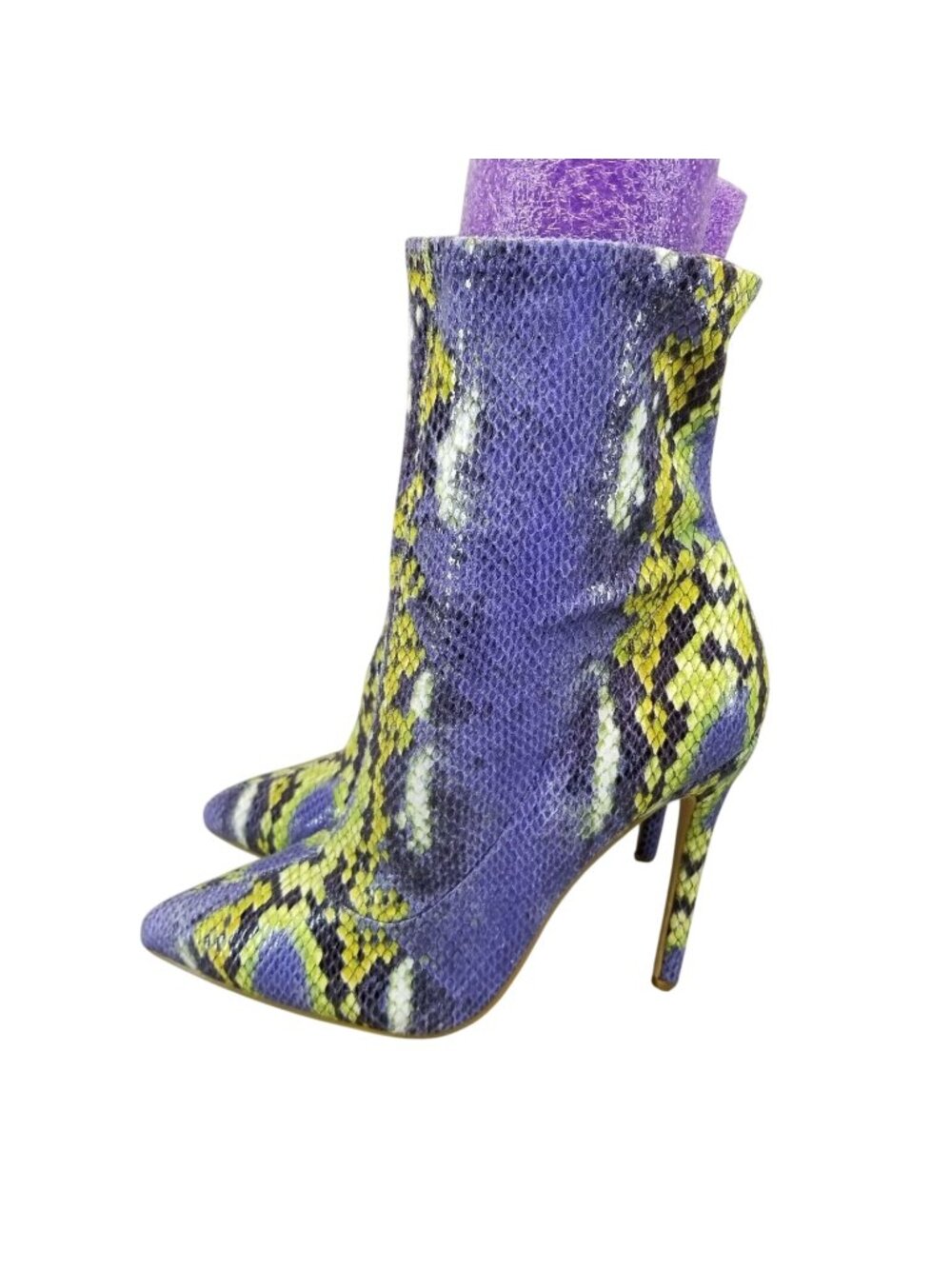 So Me Shoes Womens 10 Harper Purple Yellow Snake Print Heeled Booties